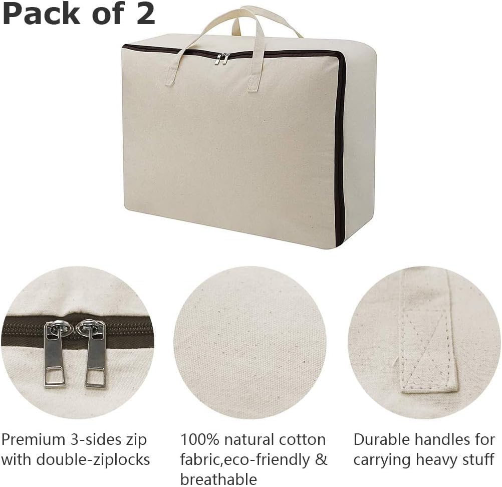 Pack of 2, Breathable Natural Cotton Canvas Soft Storage Bags with Handles & 3-side Zip