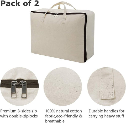 Pack of 2, Breathable Natural Cotton Canvas Soft Storage Bags with Handles & 3-side Zip