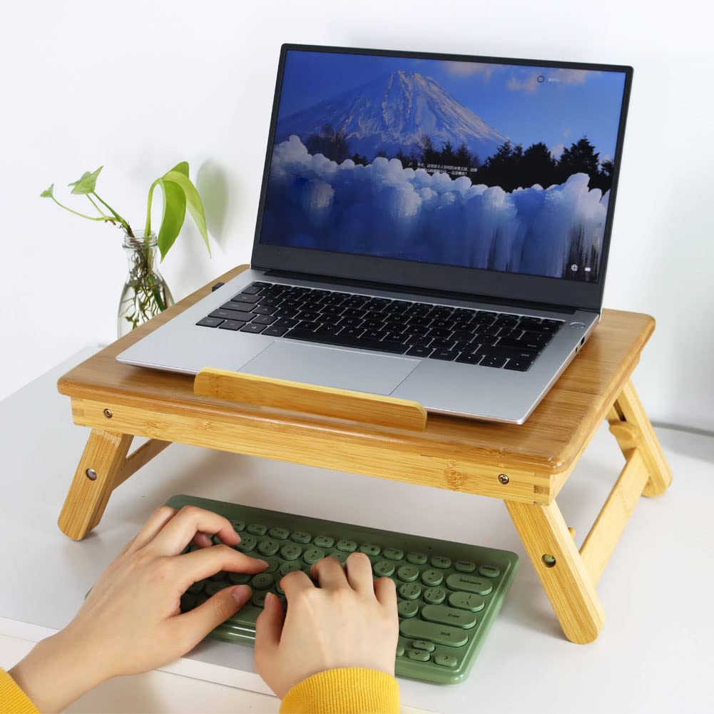 WKWKER Bamboo Laptop Desk With Folding Legs Tilting Surface Workstation Table Adjustable Laptop Stand Bed Tray For TV Sofa Study Computer Ipad Book