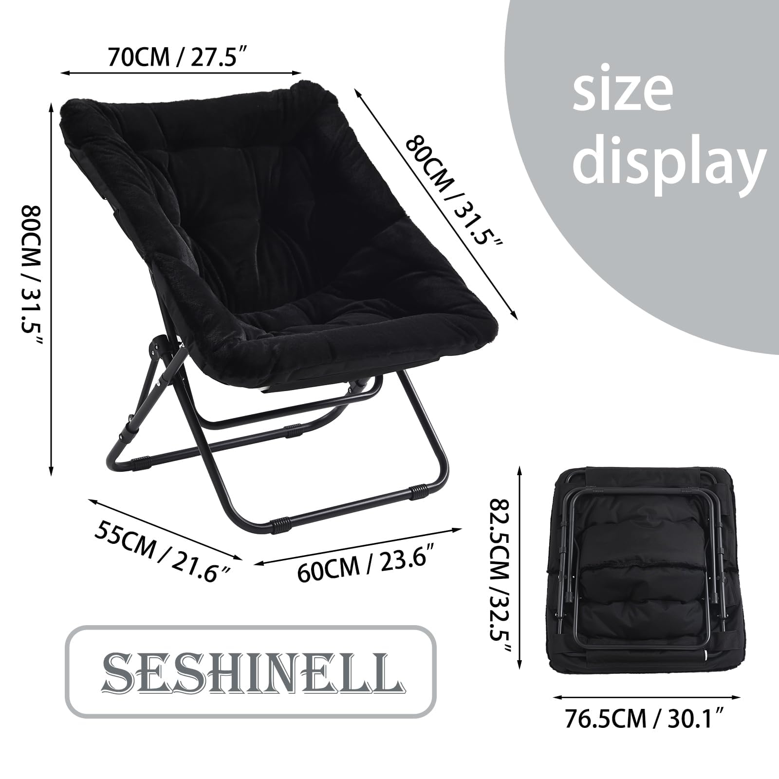 SESHINELL Comfy Saucer Chair, Oversized Foldable Faux Fur Accent Lounge Reading Lazy Chair with Metal Frame for Bedroom, Living Room, Dorm Rooms