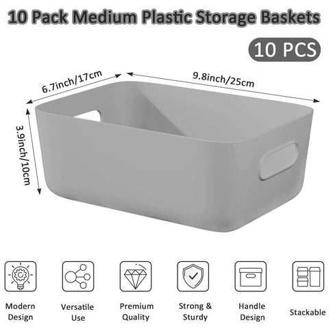 W&H 10 PCS Grey Plastic Storage Boxes with Handle, Medium Kitchen Cupboard Organiser Box, Plastic Storage Baskets for Shelves, Bathroom