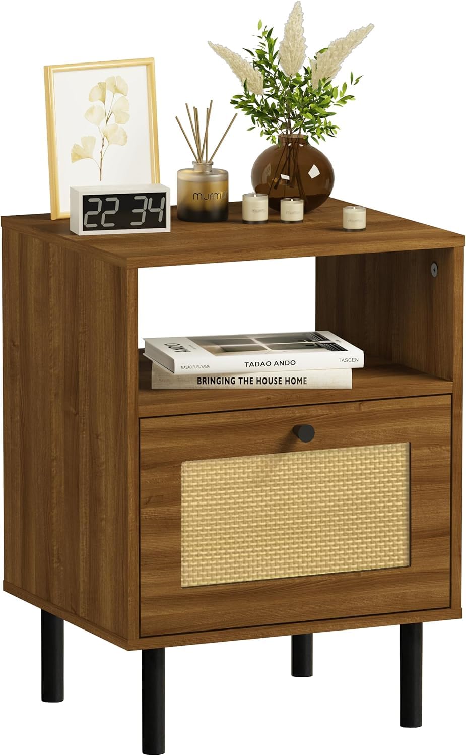 Bedside Table, Boho Farmhouse Walnut Rattan Nightstand with Drawers