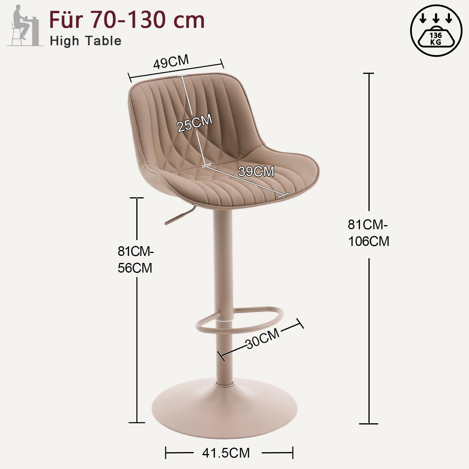 YOUTASTE Bar Stools, Breakfast Bar Chairs with Back, PU Leather Kitchen stools, Swivel Height Adjustable Barstools, Modern (All Khaki, One Stool)