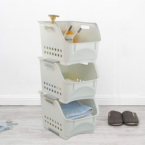 Zerdyne 3 Packs Plastic Stacking Storage Basket, White Stackable Storage Rack Baskets