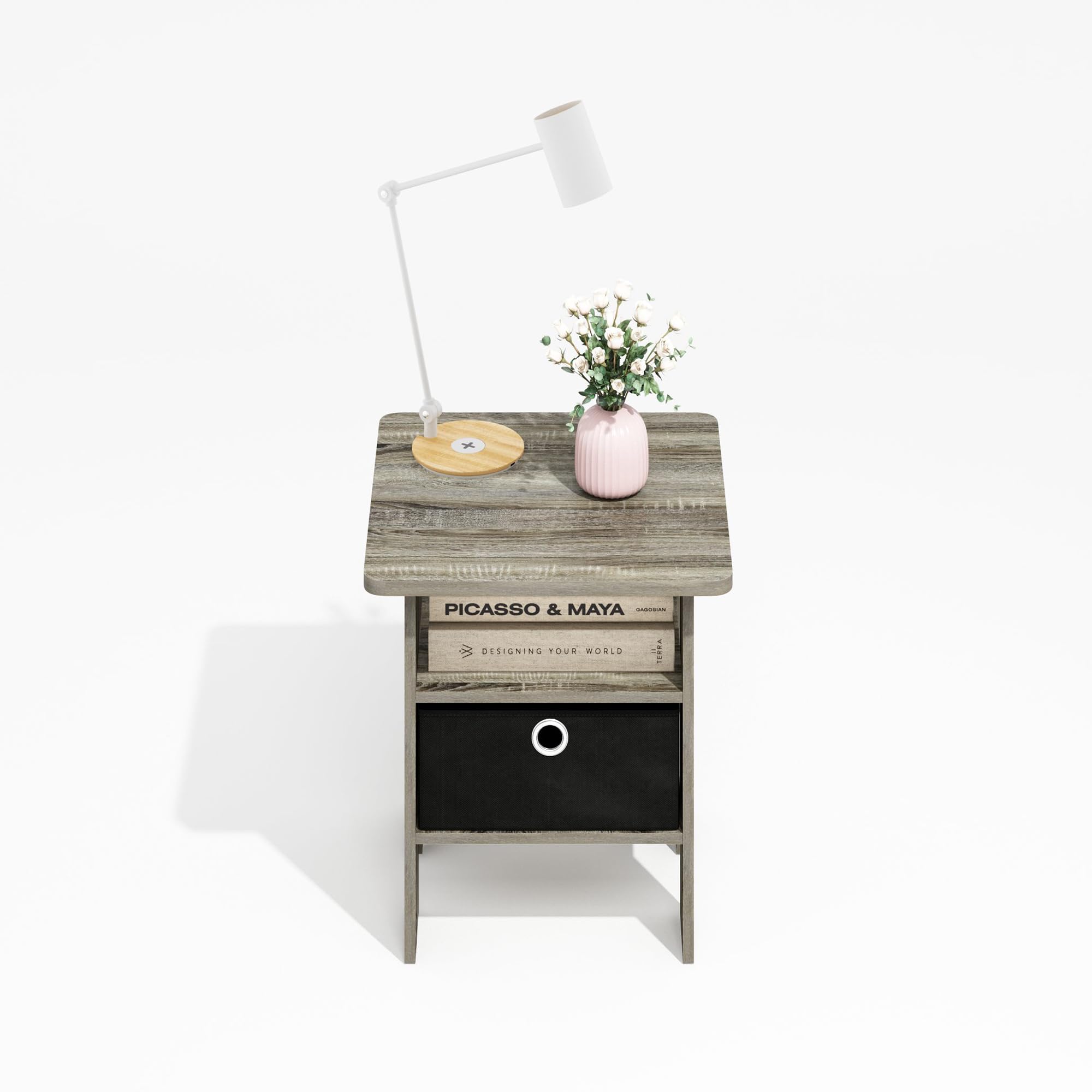Furinno MODERN Square Top Side Table with Storage Bin, Grey Oak