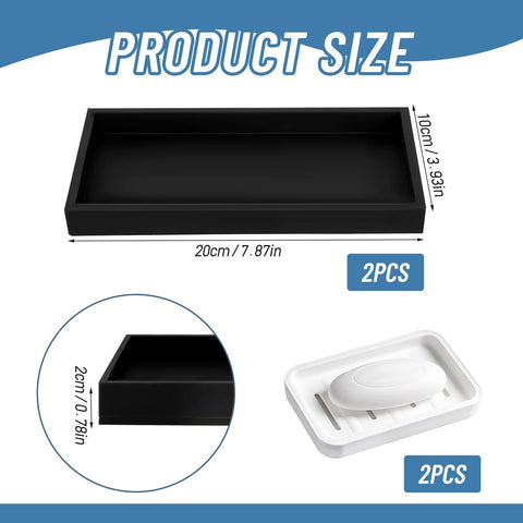 2 Pcs Bathroom Vanity Tray with 2 Soap Tray, 20 × 10 cm Black Rectangular Silicone Decorative Tray for Storage Perfume, Candles, Soap, Dressing
