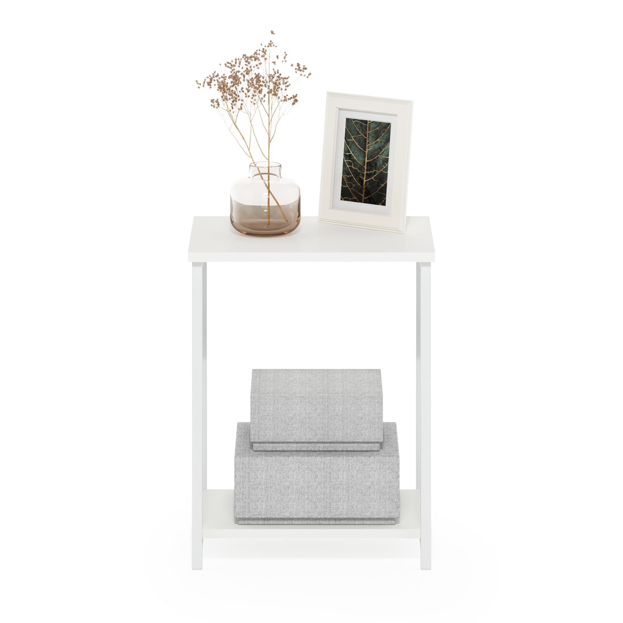 Furinno SIMPLISTIC Side Table, 2-Tier Metal Frame End Table with Open Shelf, Night Stand, Bedside Table, for Living Room, Bedroom, White