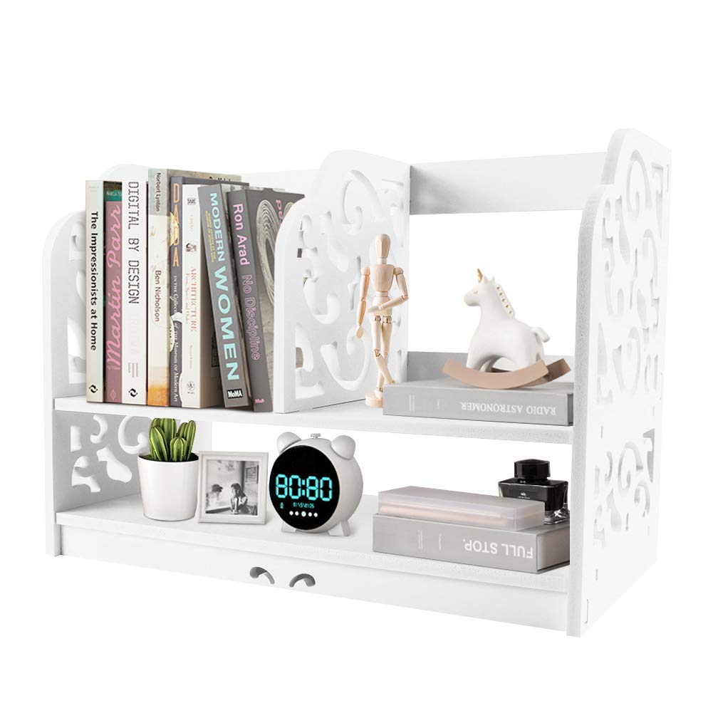 Ejoyous 2-Layer Desktop Bookcase, Bookcase Baroque Wood Carved Small Desktop Storage Shelf Multifunzionale Office Organizer for Placing Books File