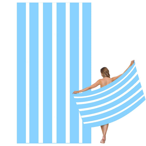 Large Quick Dry Microfibre Beach Bath Towel,Double Sides Light Blue White Striped Sand Free Beach Towel with Bag,Lightweight Gym Yoga Sports