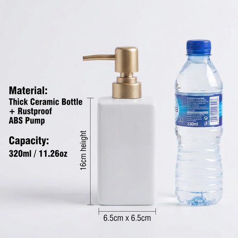 White Ceramic Soap Dispenser - 320ml Hand Soap Dispenser with Long Spout Refillable Shampoo Lotion Dispenser Elegant Square Design for Bathrooms