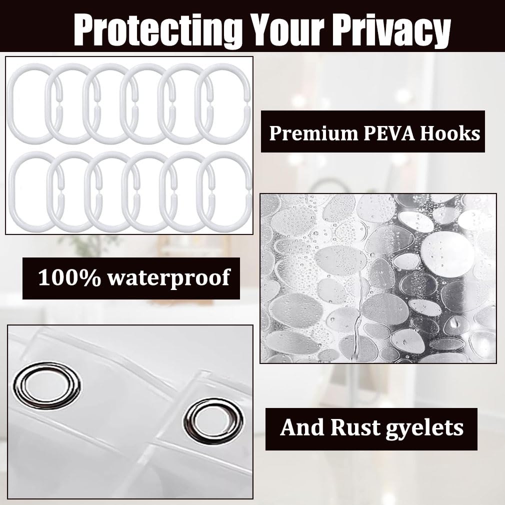 Shower Curtains Mould Proof Resistant, PEVA Waterproof Heavy Duty Bathroom Curtains, Liner 3D Effect Clear Pebble Shower Curtain with 12 Hooks