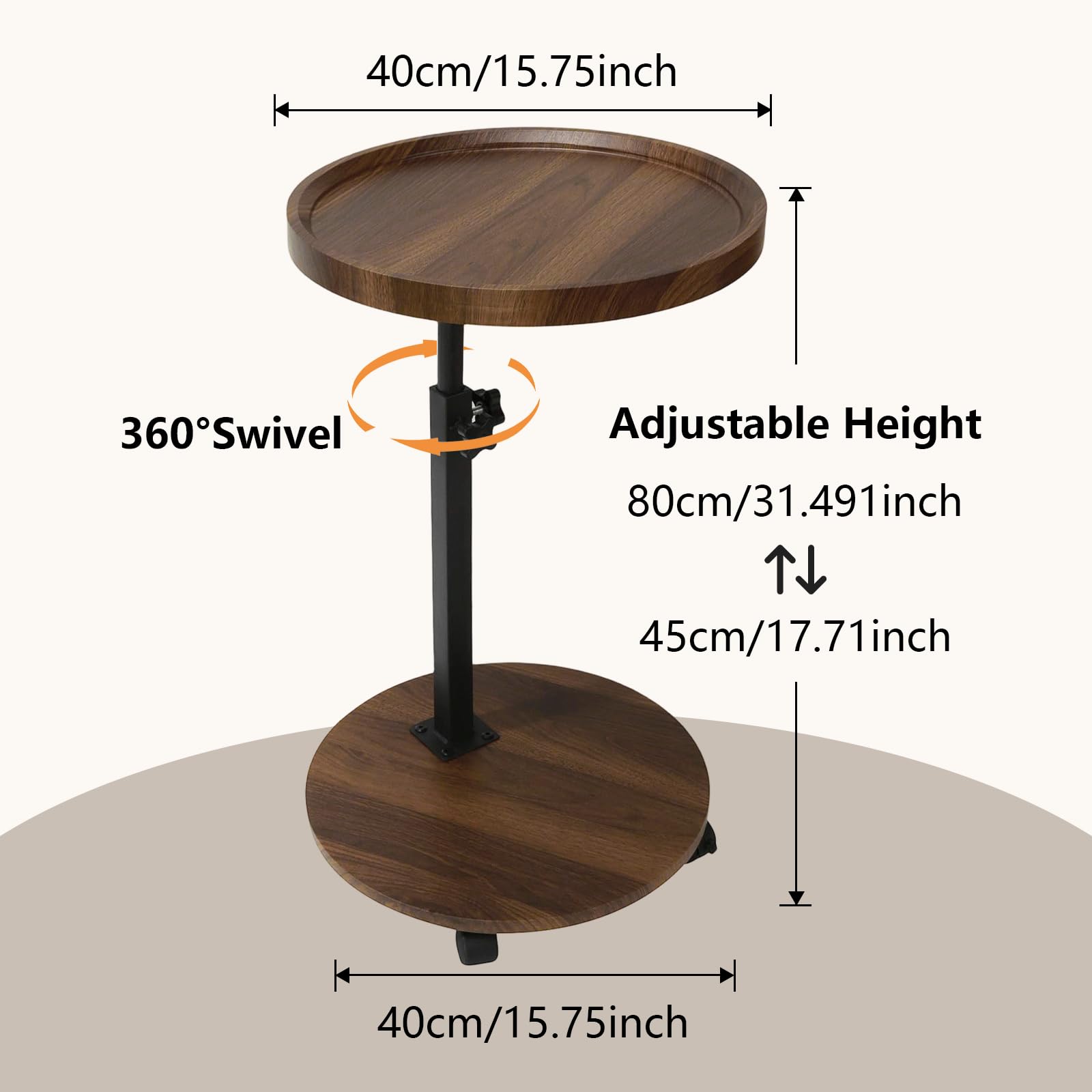 OUAYEMEL Side Table Adjustable Height, 360°Swivel End/Bedside Tables with Wheels for Sofa Bedroom Office Living Room, Coffee Tables for Small Spaces