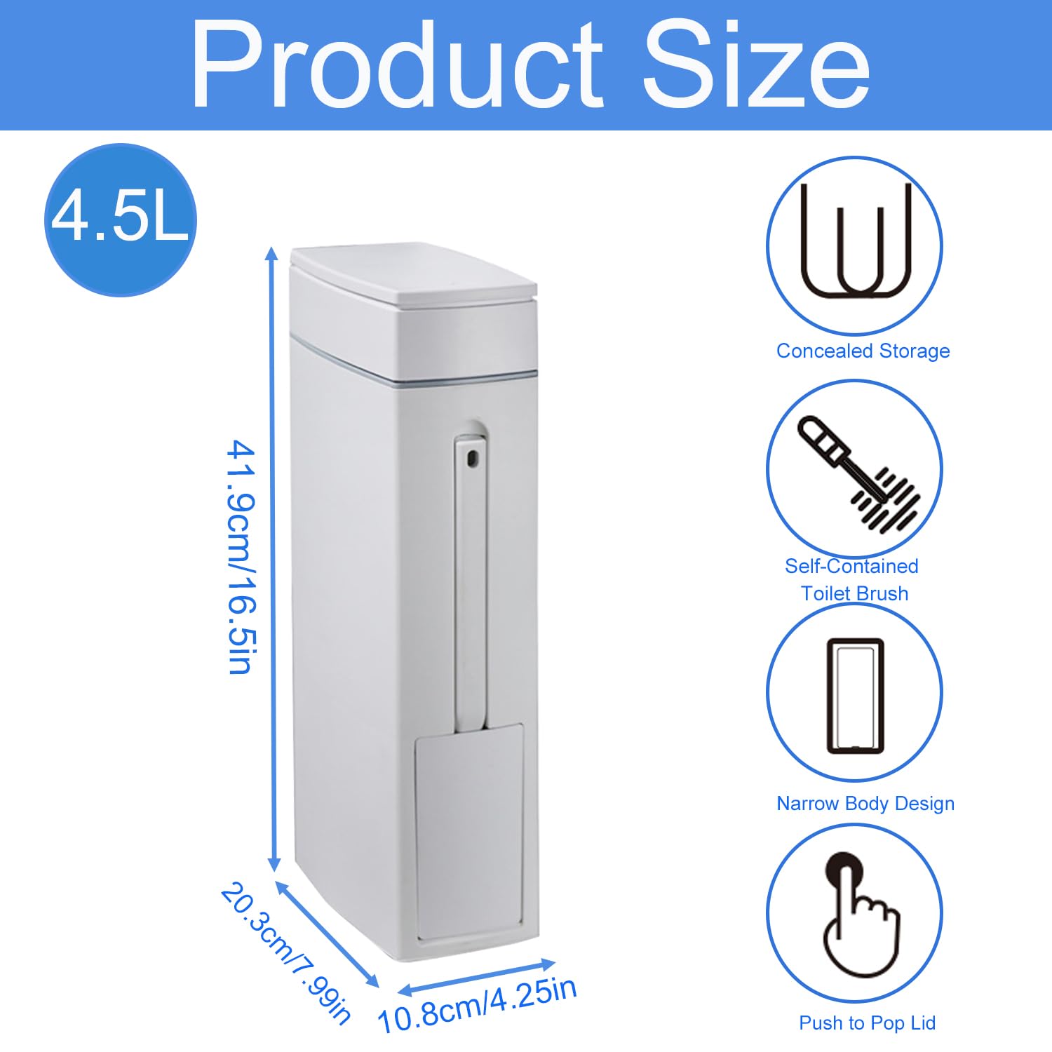 HIKENRI 4.5L Bathroom Bin with Lid, White Plastic Bin with Toilet Brush, Rectangular, Smooth Finish, 1 Count