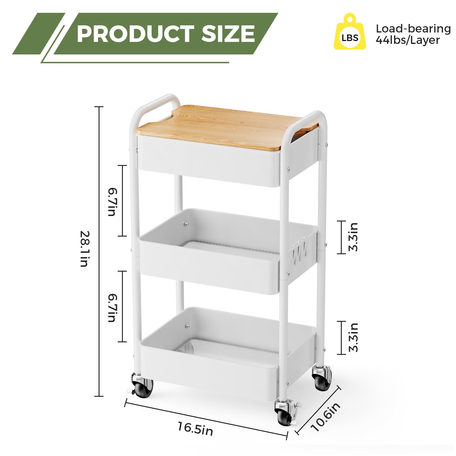 Shrivee 3 Tier Rolling Cart with Table top, Metal Rolling Utility Cart on Wheels, Sturdy Storage Organizer Cart with Hooks for Office, Classroom