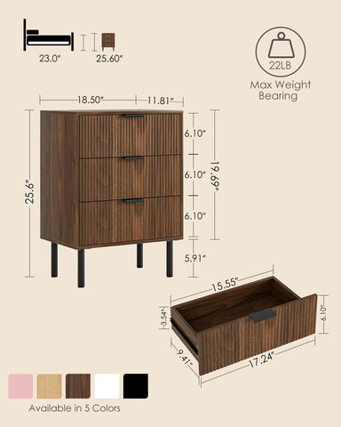 Apetaccat Bedside Table with 3 Drawers, Modern Bedside Cabniet with Metal Legs, Fluted Nightstand, Side Table for Bedroom, Living Room, Office, Walnut
