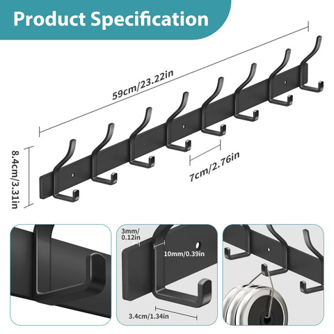 MEIJO Coat Hooks Wall Mounted Stainless Steel, Black Coat Rack Wall Mounted with 8 Hooks Heavy Duty Coat Hooks for Door, Bathroom, Bedroom, Kitchen