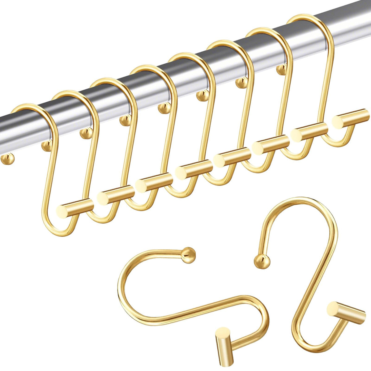 AURIVISTA 12 Pack Shower Curtain Hooks, Rust Proof T-Bar Rings, Gold
