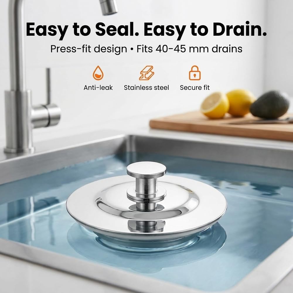 Bath Plug 40-45mm Hole, Stainless Steel Bathtub Plug with Anti-Leak Seal, Secure Fit Drain Stopper Replacement, Durable Easy-Use Plug for Tub and Sink
