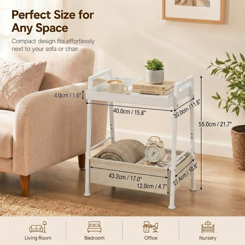 ZEXVIDA Small End Table with Fabric Storage Basket, 2-Tier Modern Metal Side Table with Tray Top
