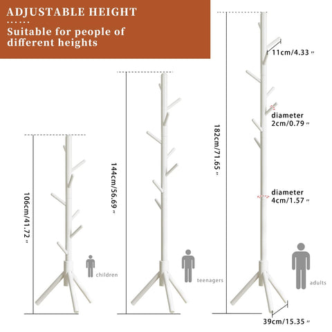 Aibiju Coat Rack Free Standing, Coat Tree With 8 Hooks and 3 Height Options, Wood Coat Hanger Stand, Suit for Adults,Kids, Home/Entryway/Hallway