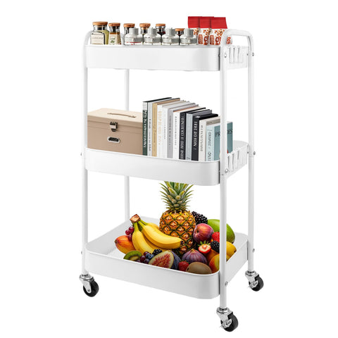 Viuxule Storage Cart, 3 Tier Metal Trolley Cart with Wheels, White Rolling Utility Cart for Kitchen, Bathroom, Office, Bedroom