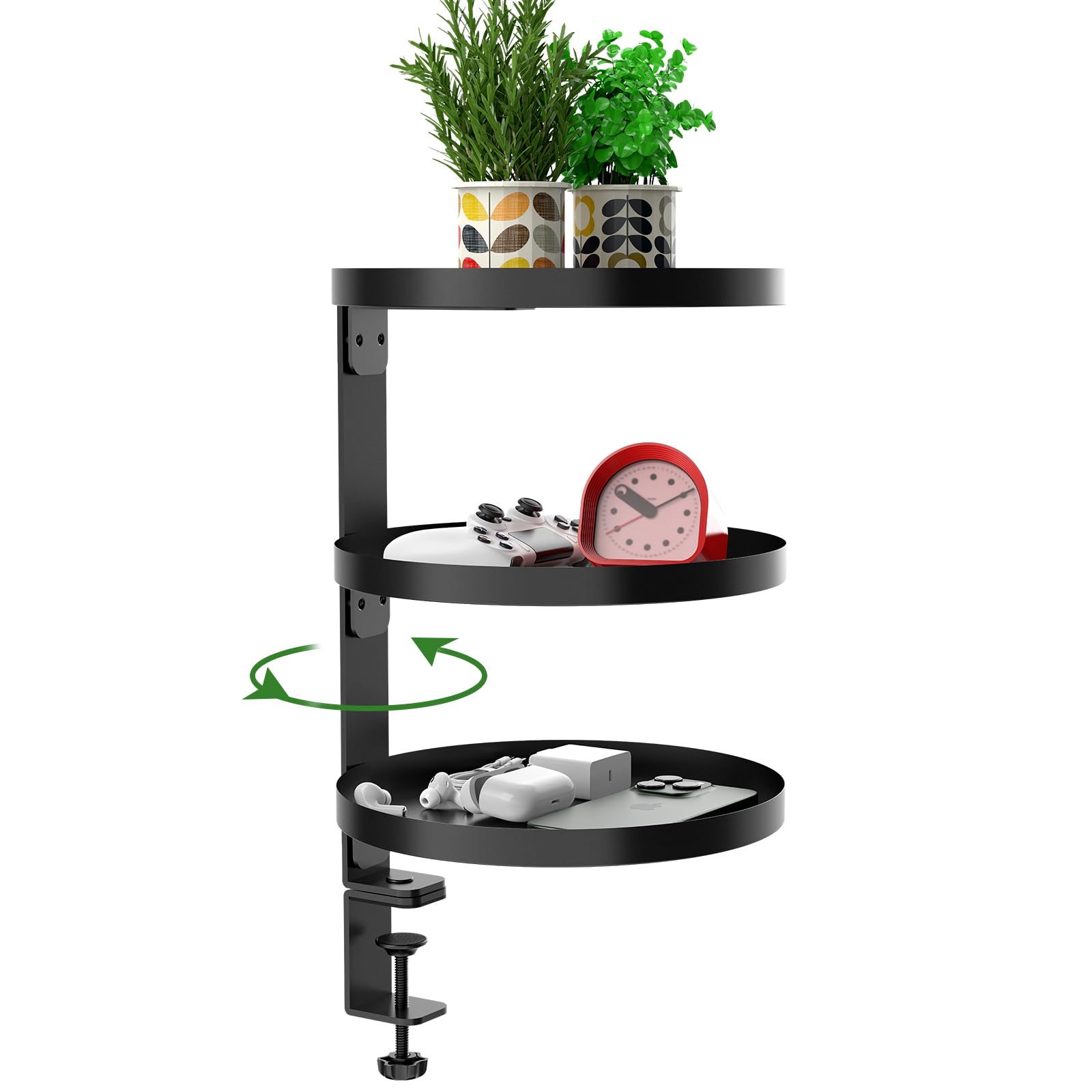 ROLIZOE 3 Tier Clamp On Desk Shelf Organiser with 25cm Adjustable Metal Storage Tray Above or Under Desk Storage 360 Rotating Shelving Rack No