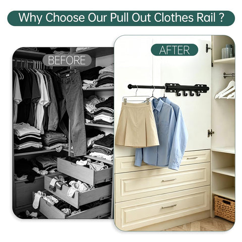 Pull out Clothes Rail, Adjustable Clothes Rail Pole with 4 Hooks, Heavy Duty Stainless Steel Extendable Wardrobe Rail for Closet, Laundry Room