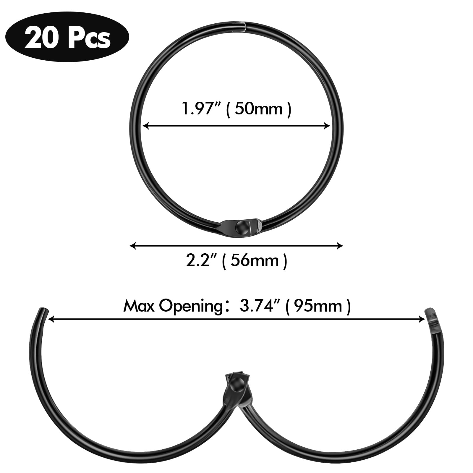 Lunhoo 20-Pack 50 mm Shower Curtain Rings, Shower Curtain Hooks, Multi-Purpose Round Clips, Large Metal Binder Ring, Key Ring (Black)