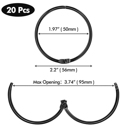 Lunhoo 20-Pack 50 mm Shower Curtain Rings, Shower Curtain Hooks, Multi-Purpose Round Clips, Large Metal Binder Ring, Key Ring (Black)