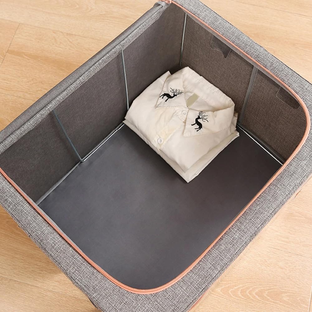 Debrymn 3Pcs 24L Grey Fabric Clothes Storage Bins with Metal Frame, Foldable, Stackable, Transparent Windows, Zippers, Durable Handles