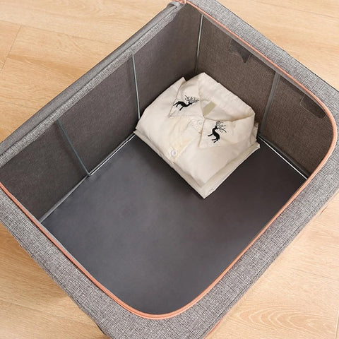 Debrymn 3Pcs 24L Grey Fabric Clothes Storage Bins with Metal Frame, Foldable, Stackable, Transparent Windows, Zippers, Durable Handles