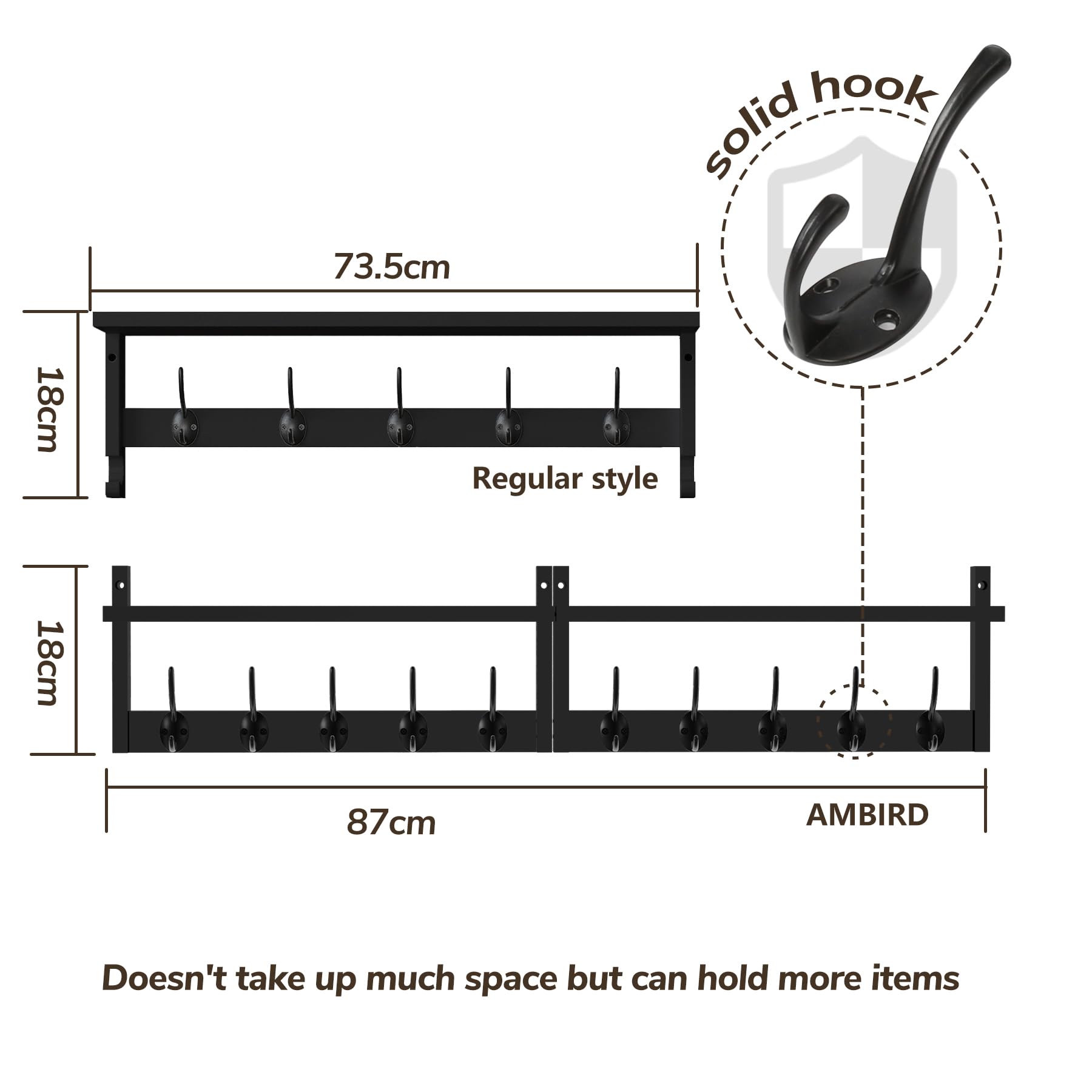 AMBIRD 87cm Extra Wooden Wall Coat Rack with Shelf - Elegant and Functional Wall-Mounted Storage Solution with 10 Hooks for Coats, Hats, Keys