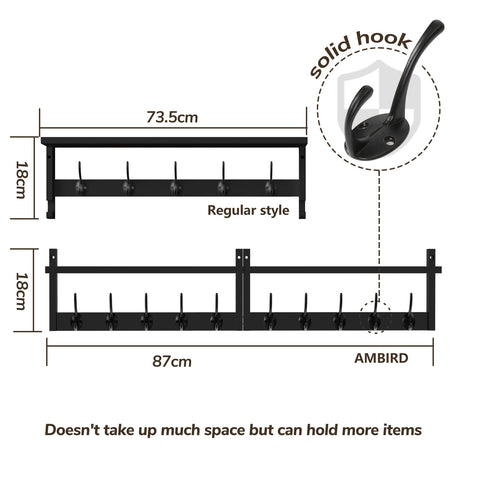 AMBIRD 87cm Extra Wooden Wall Coat Rack with Shelf - Elegant and Functional Wall-Mounted Storage Solution with 10 Hooks for Coats, Hats, Keys