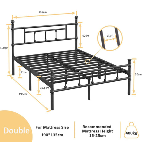 Apextella Home 4ft6 Double Bed Frame Heavy Duty Steel Bed with Headboard and Footboard Black Metal Slat Support and 32cm Underbed Storage Space Easy