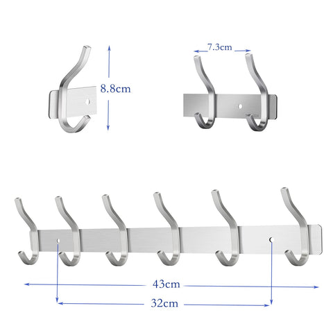 MEIJO Coat Hooks Wall Mounted, Coat Rack Wall Mounted Stainless Steel with 6 Hooks Heavy Duty Coat Hooks for Door, Bedroom, Bathroom, Kitchen