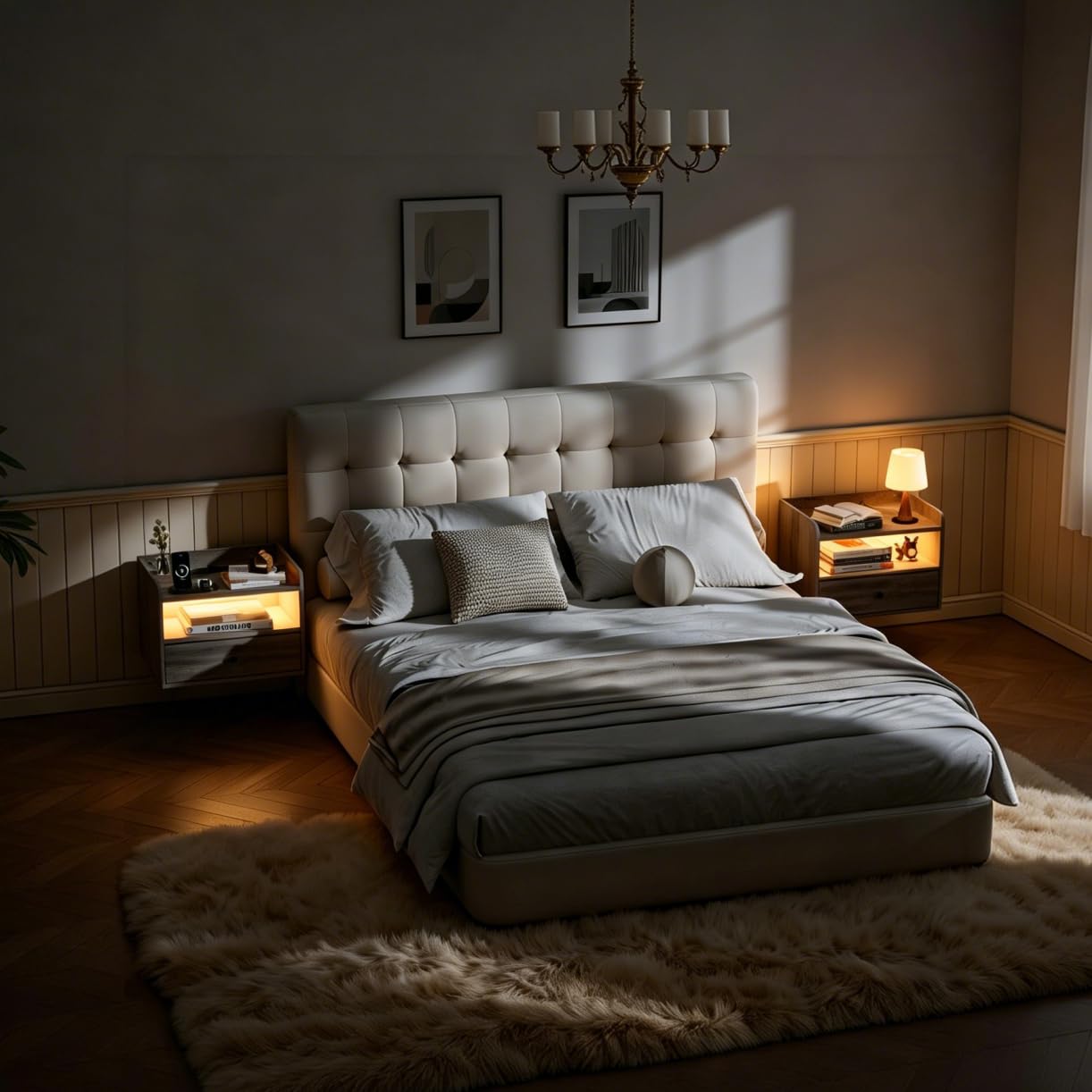 BonVache Set of 2 Floating Bedside Tables, Multi-Function Adjustable Lighting and Charging Station, Floating nightstand with Open Shelf and Drawer