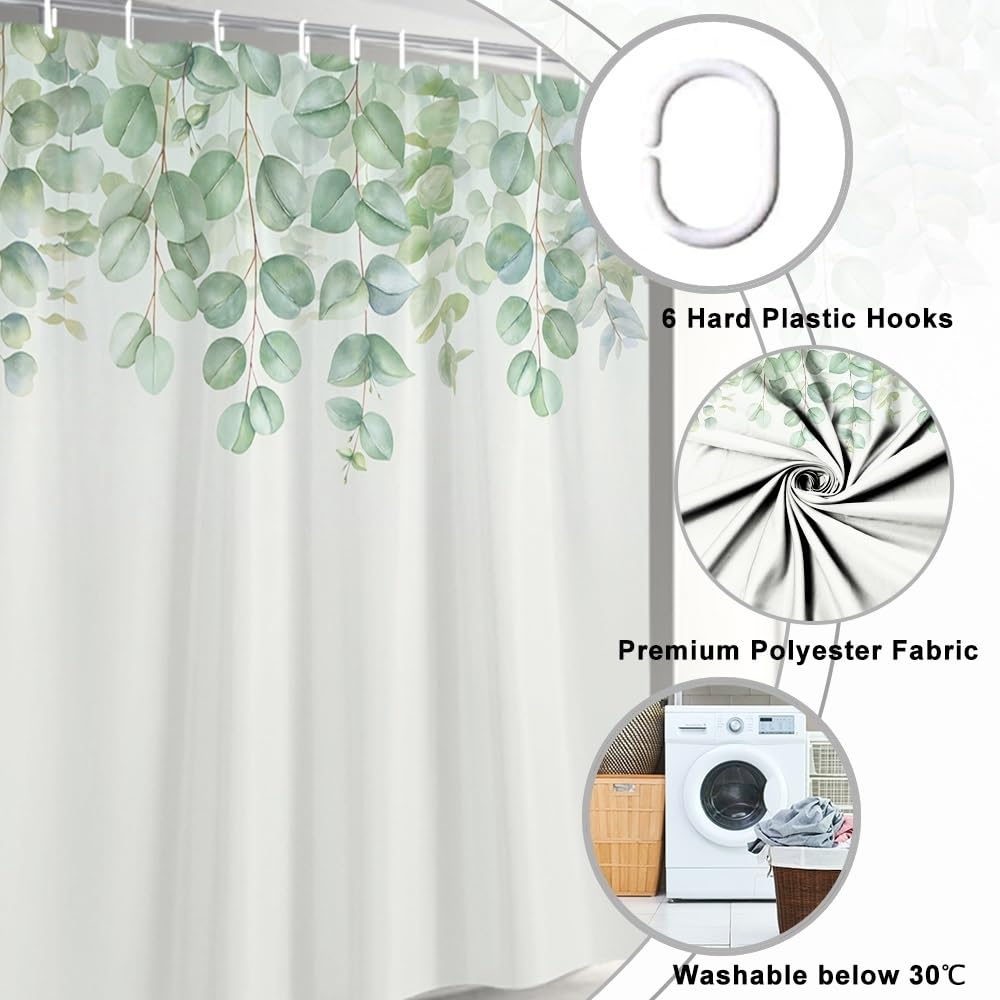 Uiiooazy Green Eucalyptus Stall Shower Curtain, Leaves Pattern Bath Curtain Mildew and Mould Resistant Waterproof Polyester Fabric Washable Opaque