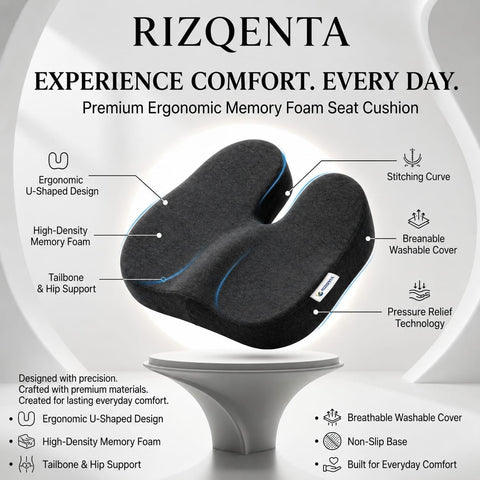 RIZQENTA Memory Foam Office Chair Cushion, Ergonomic U-Shaped Seat Cushion for Coccyx & Tailbone Support, Car Seat, Home, Desk Chair & Wheelchair