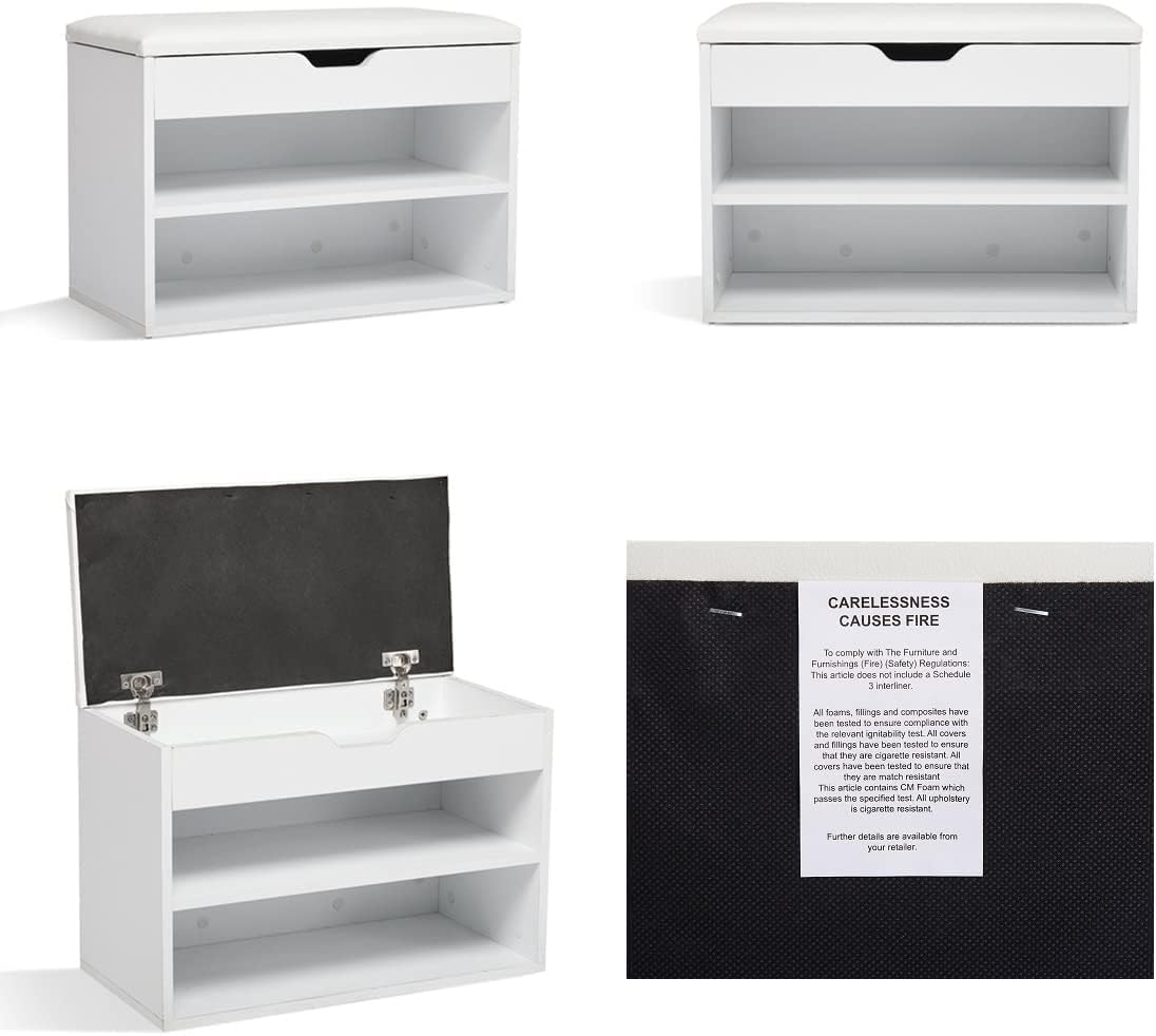 Mondeer Shoe Storage Bench, 60 cm Wide with Folding Padded Seat, White