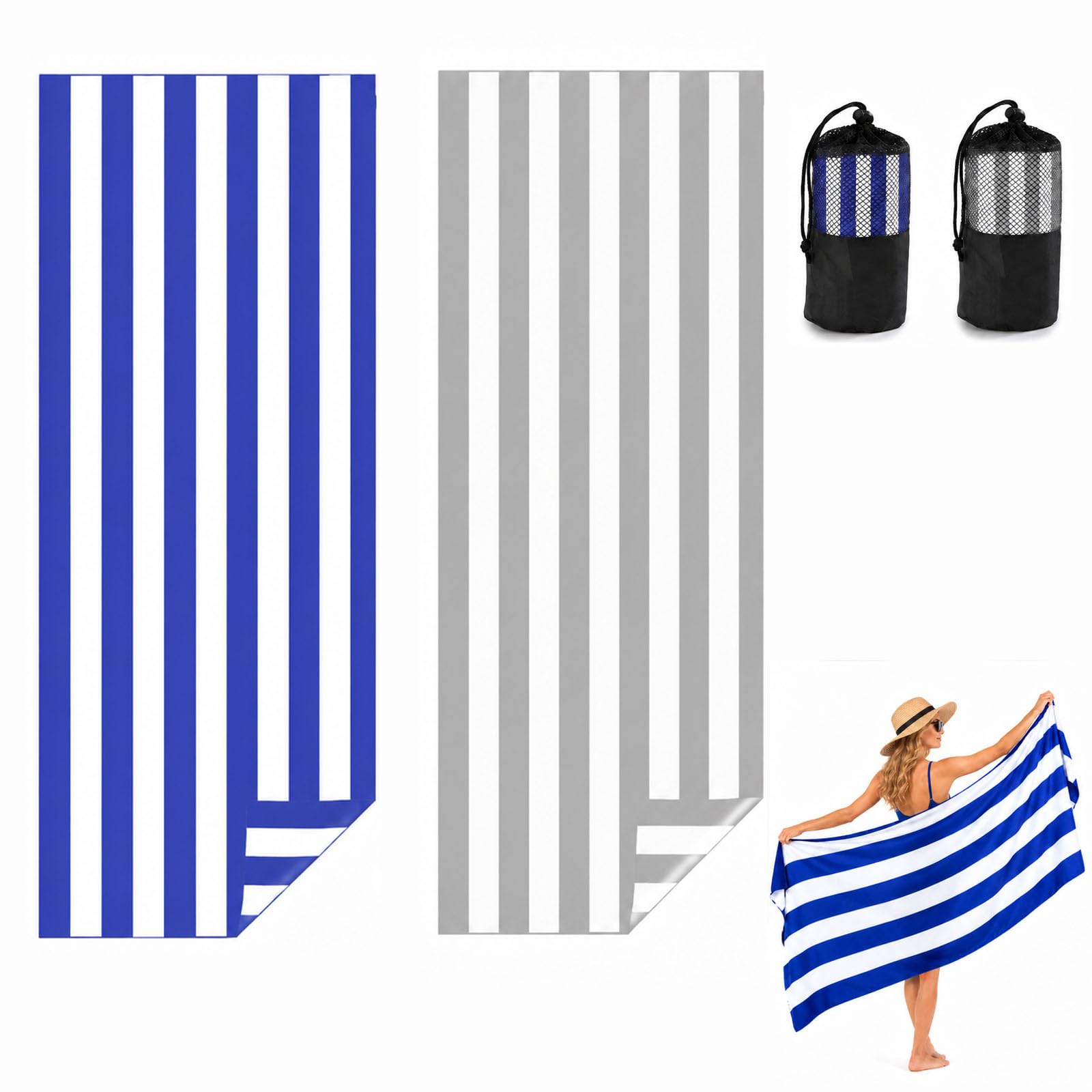 Admygo Microfibre Beach Towels for Adults - 2 Pack 180 x 90 cm Extra Large Beach Towels with Drawstring Bags