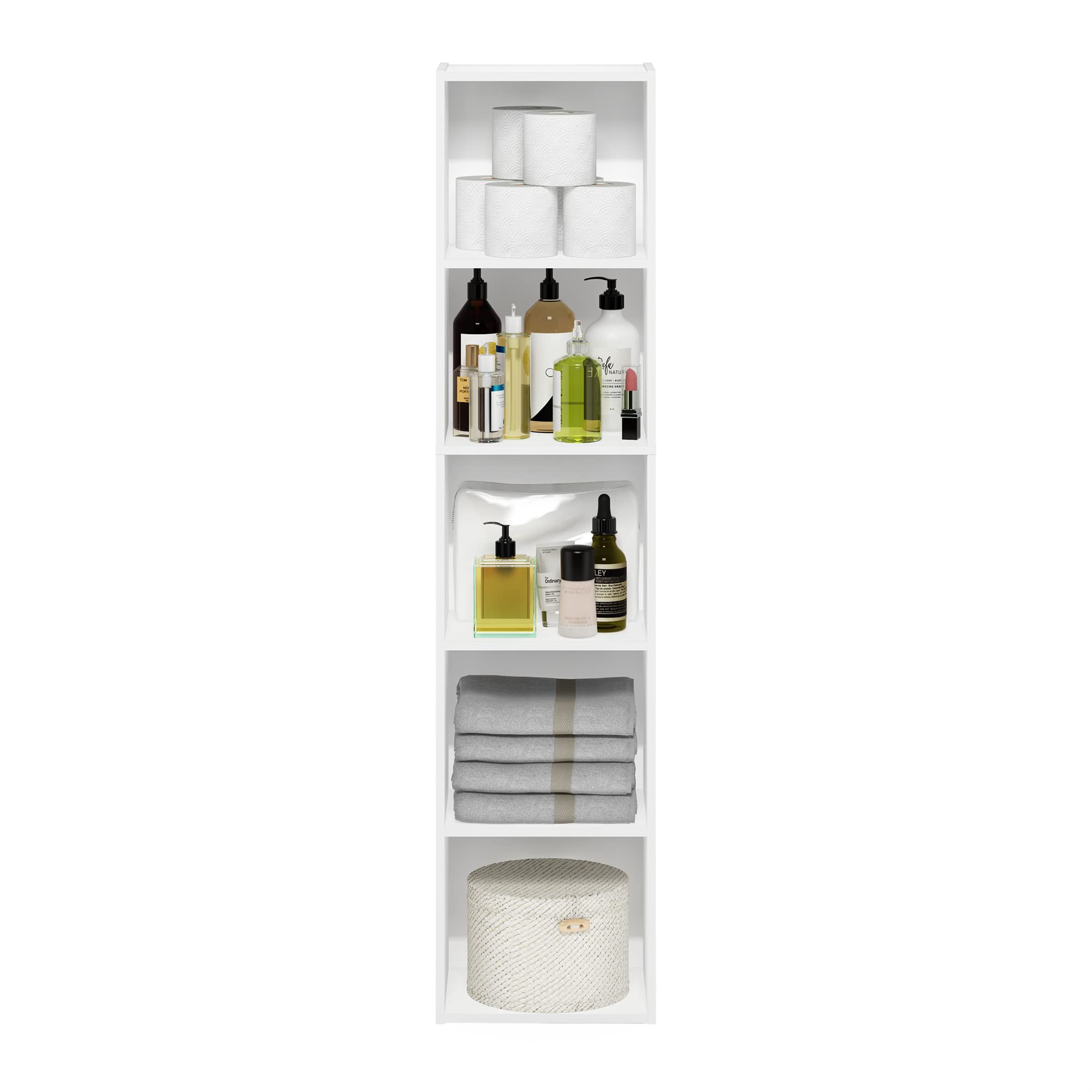 Furinno PASIR Book Shelf, 5-Tier Modern Bookshelf, Open Shelves Bookcase 9 x 12 x 52, for Living Room, Bedroom, Home Office, White