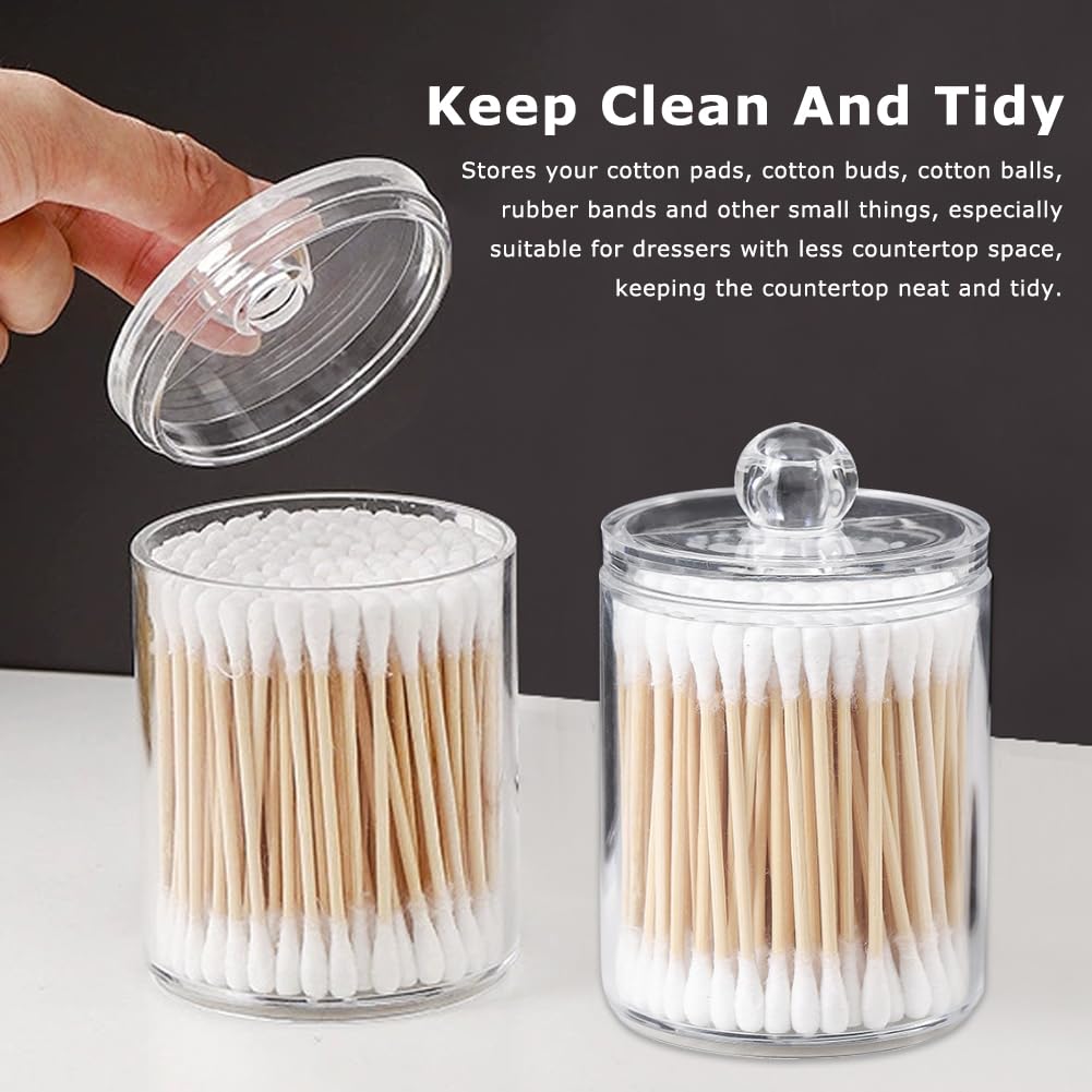 Tharvolex Clear Plastic Cotton Bud Holder 10 Oz Bathroom Jars with Lids - 4 Pack for Cotton Pads and Balls