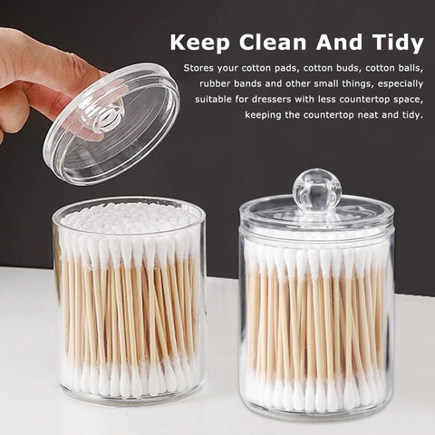 Tharvolex Clear Plastic Cotton Bud Holder 10 Oz Bathroom Jars with Lids - 4 Pack for Cotton Pads and Balls