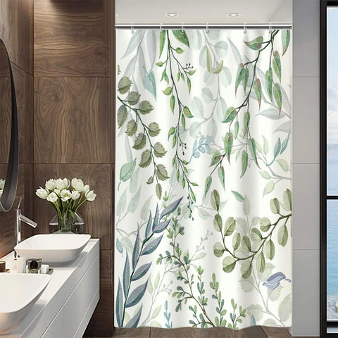 Uiiooazy Eucalyptus Shower Curtain, Green Blue Leaves Pattern Bath Curtain Mildew and Mould Resistant Waterproof Polyester Fabric Washable Opaque