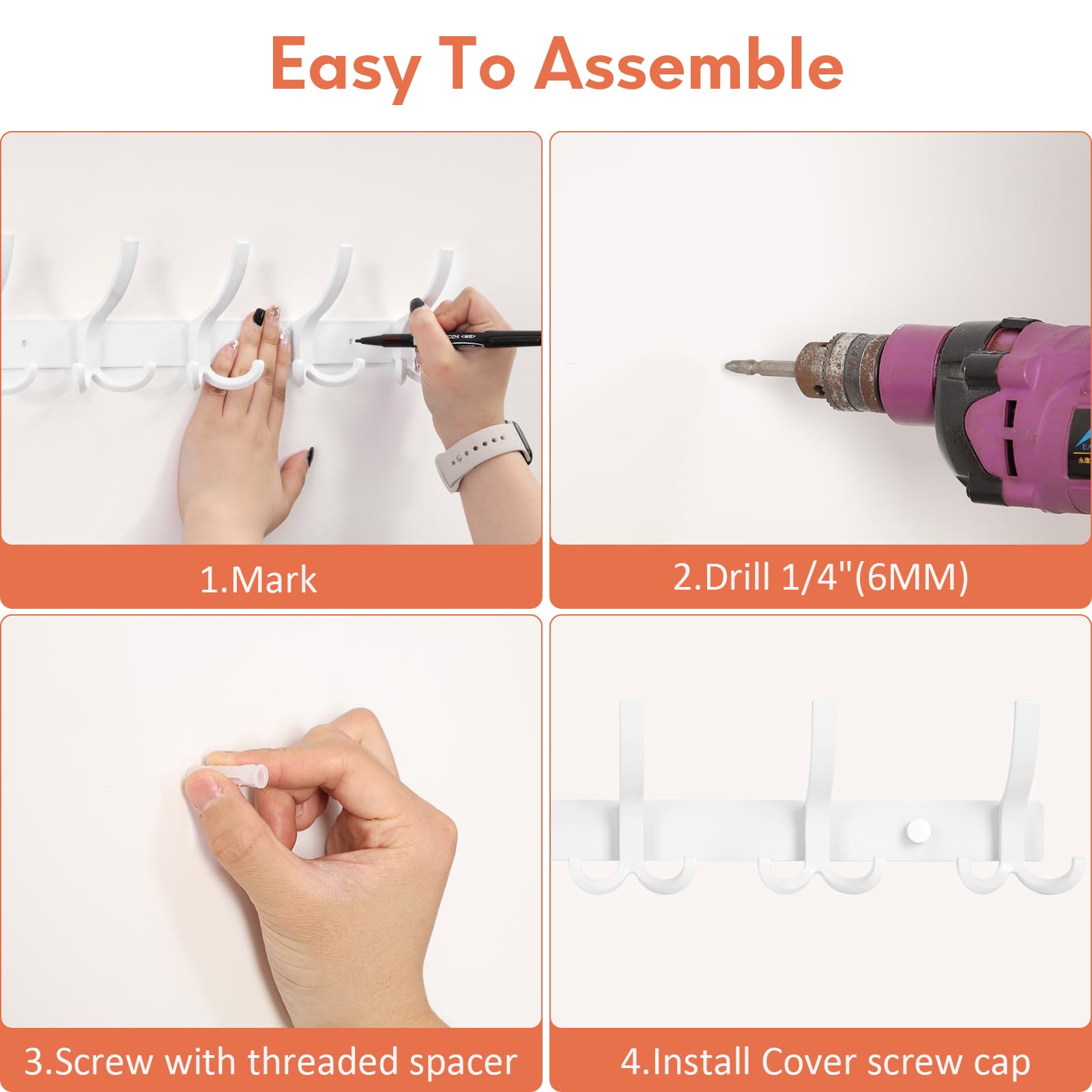 Optish Coat Hooks Wall Mounted, 2 Pack Coat Rack Wall Mount with 15 Hooks, White Wall Coat Hooks for Jackets, Hats, Bags, for Entryway, Bedroom