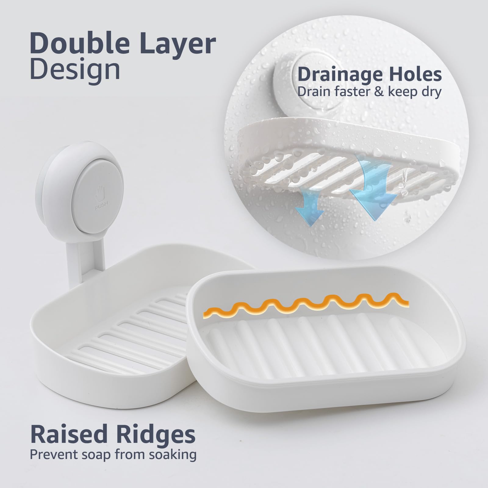 LEVERLOC Soap Dish for Shower 2 Pack,Drill-Free Suction Sponge Holder,White