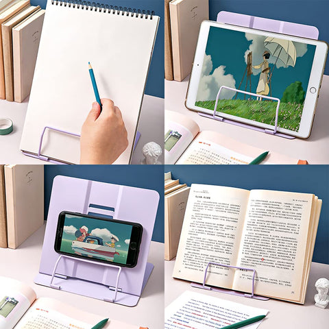 Book Stand, Multifunctional Metal Book Holder for Reading (Purple)