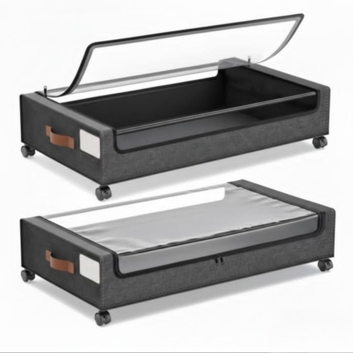 STOROX Under Bed Storage Box with Wheels, 2 Pack, Grey Fabric Rolling Storage with Clear Window, Zippered Underbed Storage for Clothes