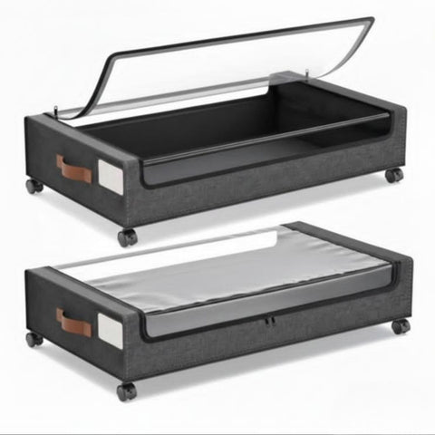 STOROX Under Bed Storage Box with Wheels, 2 Pack, Grey Fabric Rolling Storage with Clear Window, Zippered Underbed Storage for Clothes