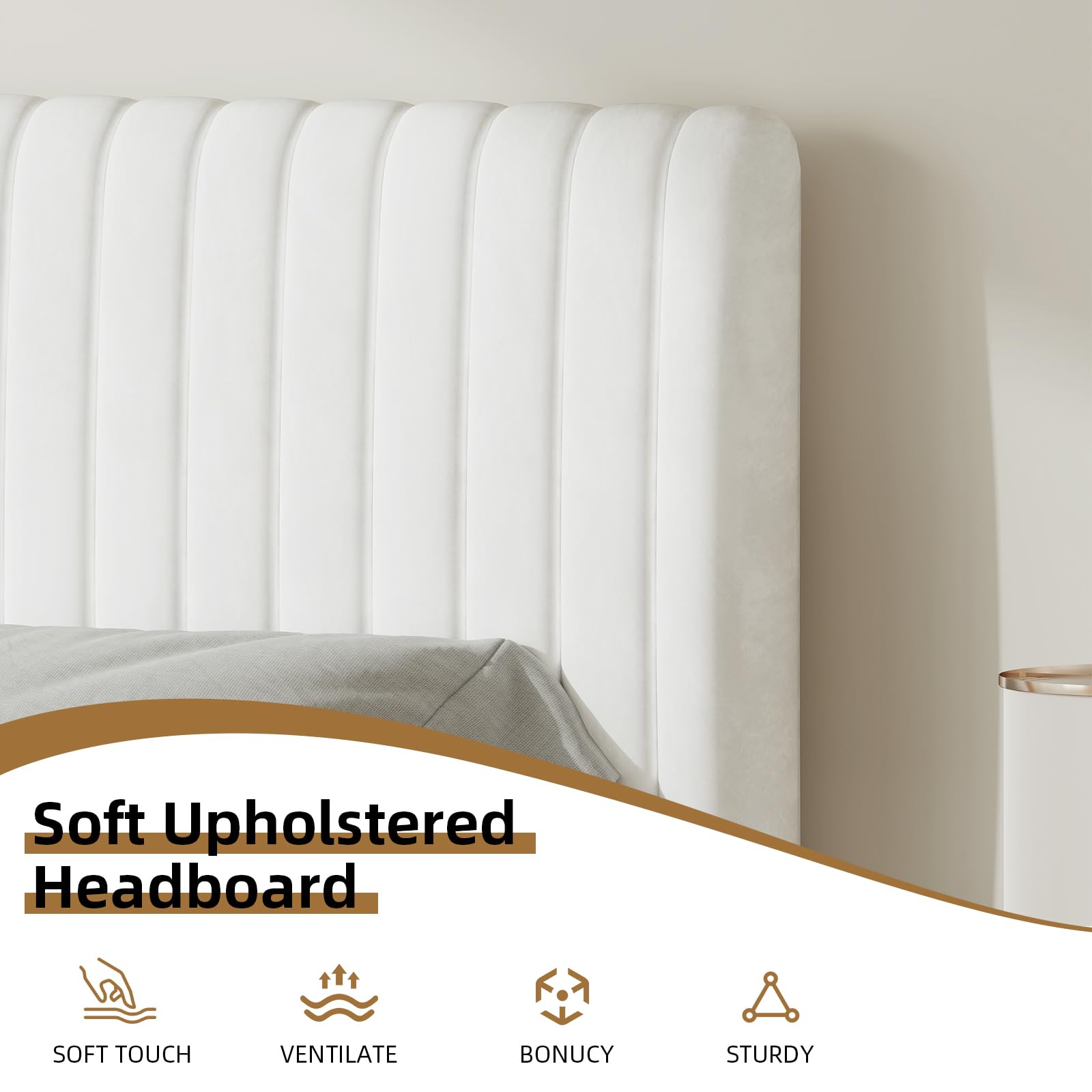 HOMBCK Single Bed Frame, 90 x 190 cm, Upholstered Bed with Velvet Headboard, Adjustable Height, Wooden Slat Support, No Box Spring Needed, White